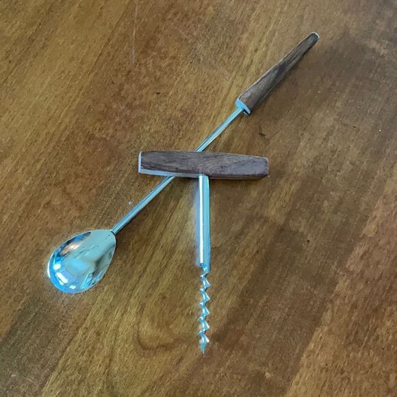 Set of Teak Bar Tools - Stirrer & Corkscrew - Picture 1 of 3